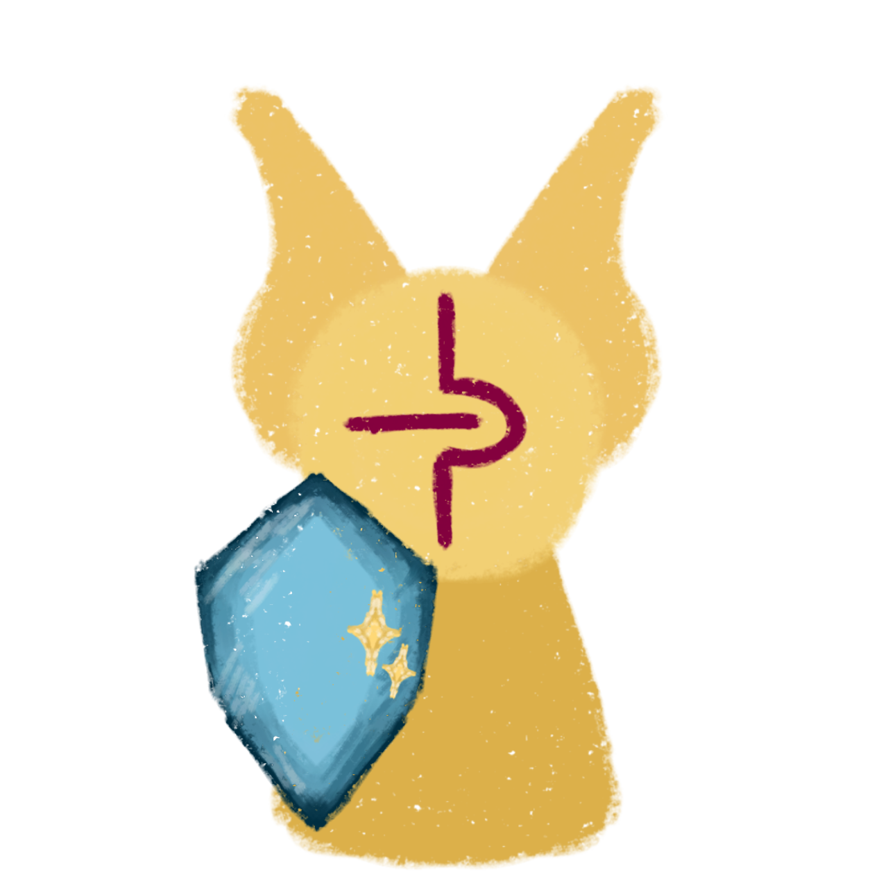 a cute, yellow stylized bunny like creature with a squiggly line and an arrow going into the line on its face. It has a simple, cartoonish design with a textured appearance. The creature is holding a small blue shield with sparkles.